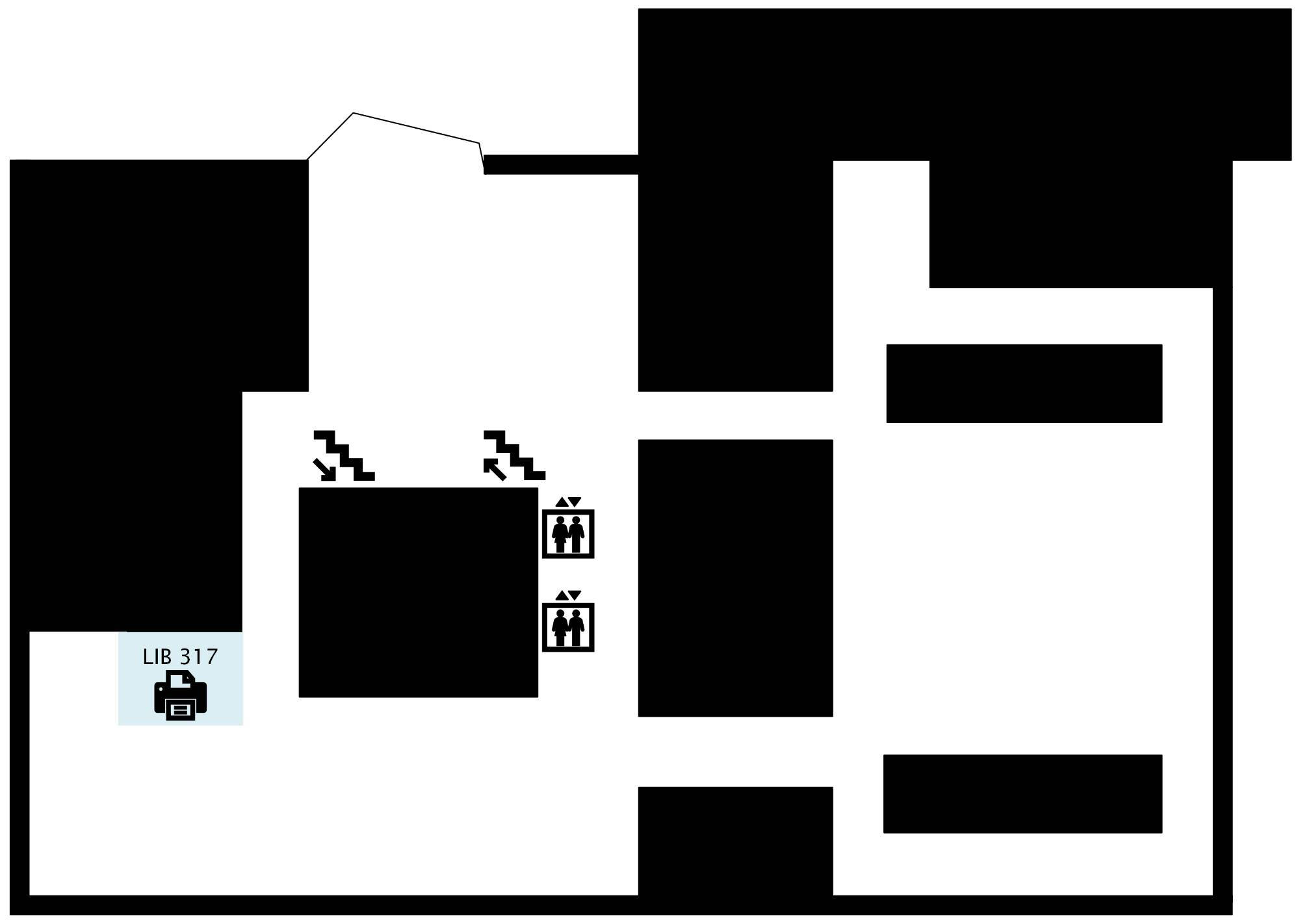 A map of the third floor of Mary Idema Pew Library, indicating a printer with print, copy, and scanning capabilities is available in LIB 317